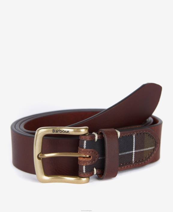 Men Classic Brown Barbour Tartan/Leather Belt 40VB2232