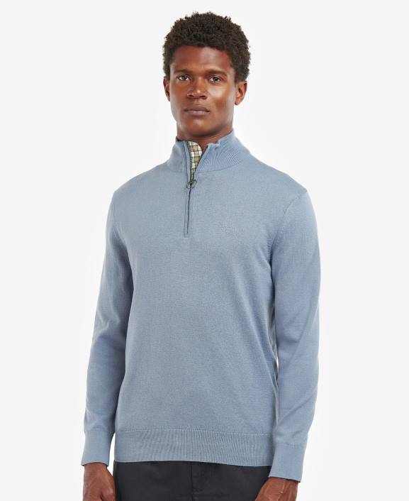 Men Washed Blue Barbour Taines Half-Zip Knitted Sweatshirt 40VB1113