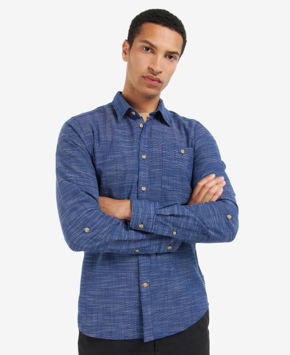 Men Classic Navy Barbour Aldavik Tailored Shirt 40VB434