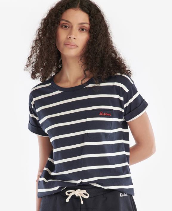 Women Navy/White Barbour Otterburn Stripe T-Shirt 40VB1652