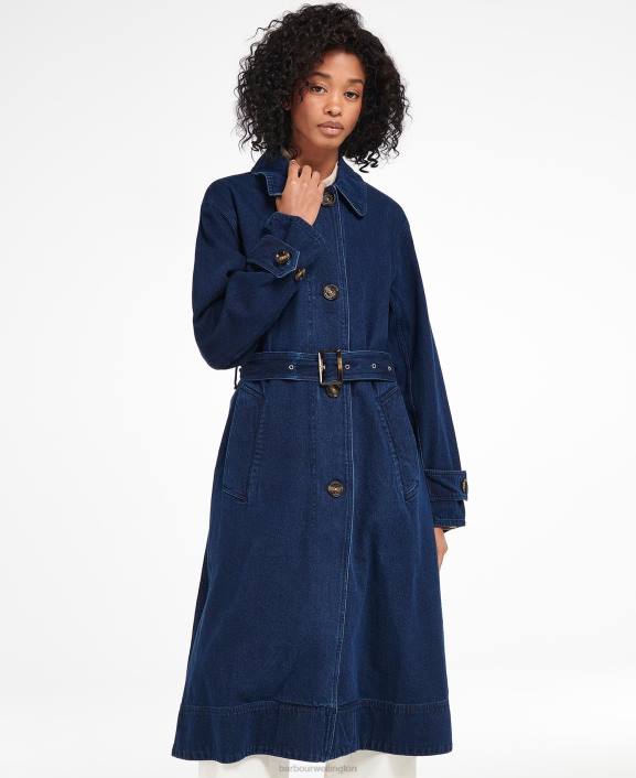 Women Dark Wash Barbour Denim Somerland Casual Trench Coat 40VB1527